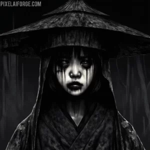 Dark Anime Kimono Girl con sombrero cónico en PixelAIForge