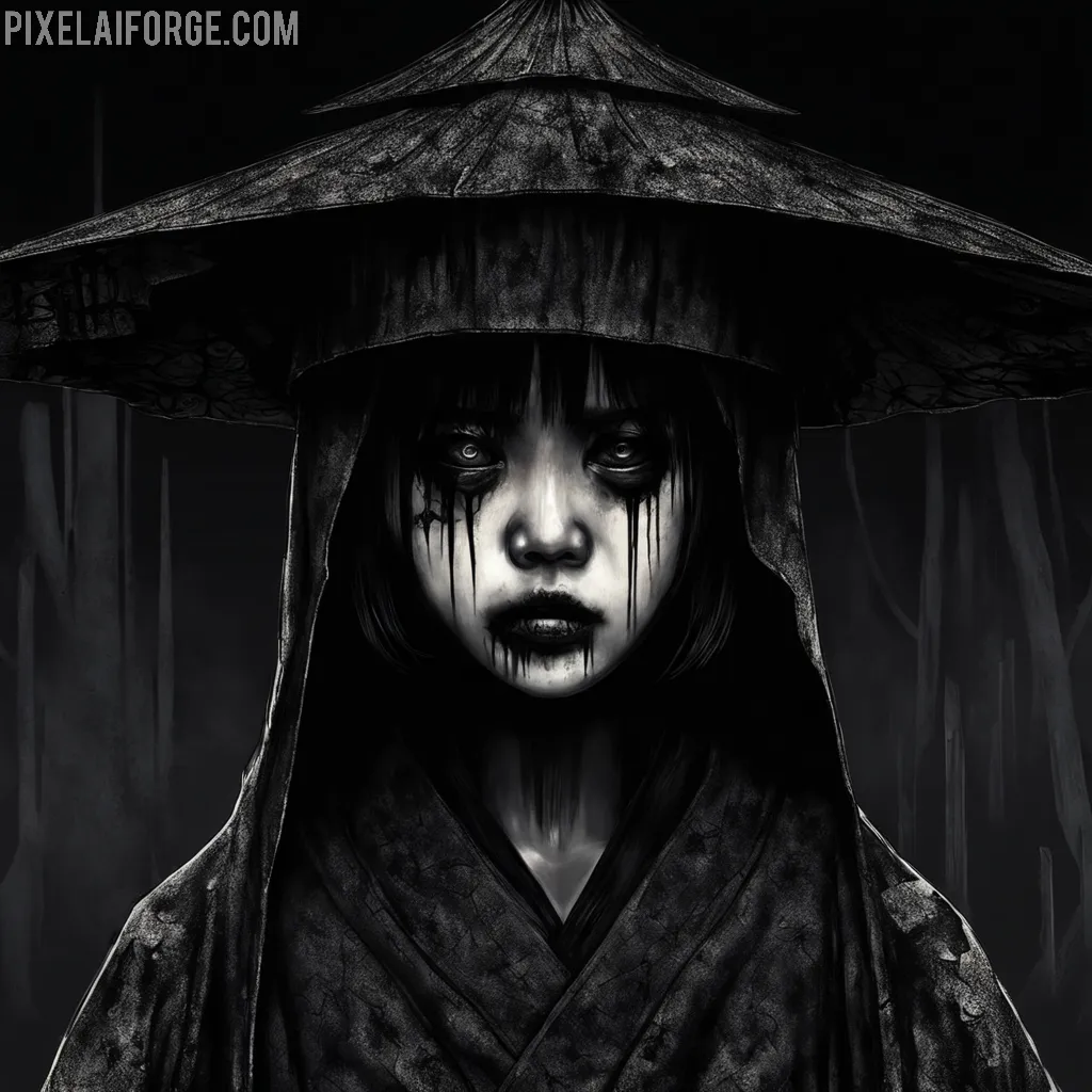 Dark Anime Kimono Girl con sombrero cónico en PixelAIForge