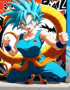 Fantasy Anime Saiyan Girl con cabello azul y cola dorada en PixelAIForge