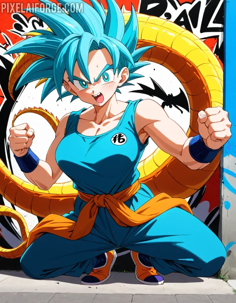 Fantasy Anime Saiyan Girl con cabello azul y cola dorada en PixelAIForge