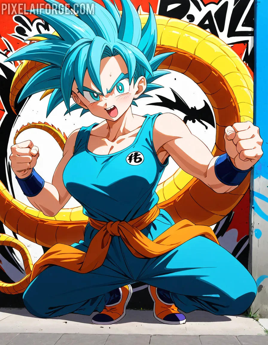 Fantasy Anime Saiyan Girl con cabello azul y cola dorada en PixelAIForge