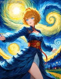 Fantasy Anime Van Gogh Girl con vestido azul en PixelAIForge