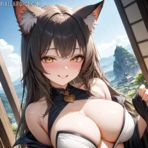 Fox Ears Anime Girl Relaxing by Window with Mountain View