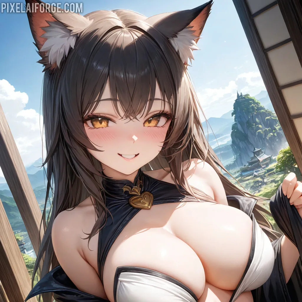 Fox Ears Anime Girl Relaxing by Window with Mountain View