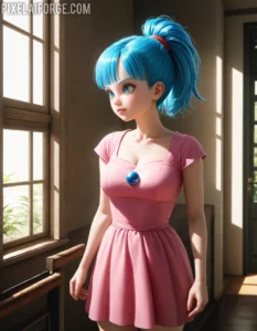 Kawaii Anime Blue Hair Girl con vestido rosa en PixelAIForge