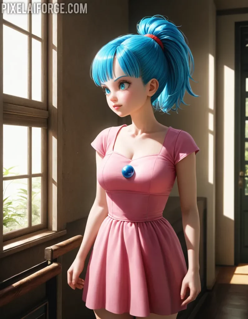 Kawaii Anime Blue Hair Girl con vestido rosa en PixelAIForge
