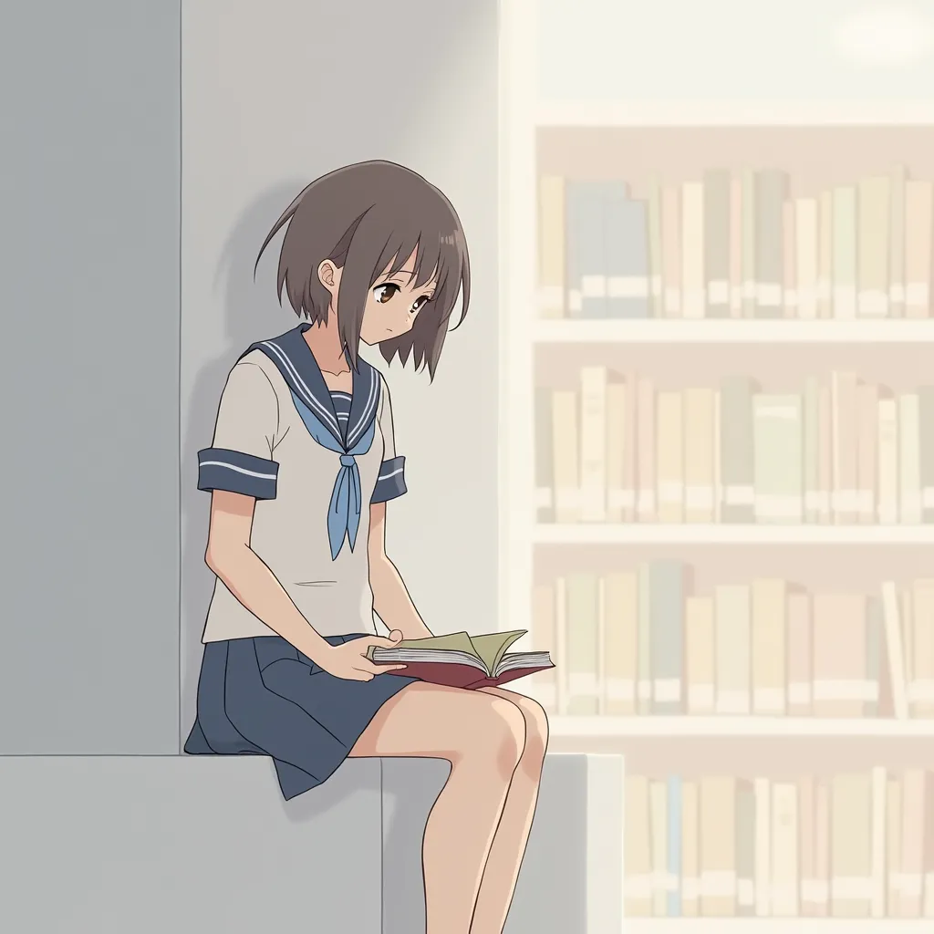 Yuki Nagato leyendo en la biblioteca Yuki Nagato en La Melancolía de Haruhi Suzumiya