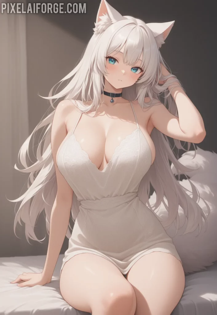 Chica de anime generada por IA con cabello plateado y orejas de lobo blanco en estilo fantasy