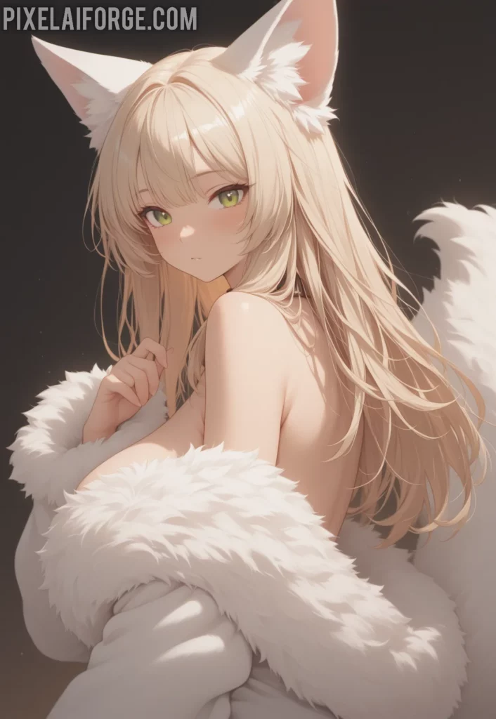 Chica de anime generada por IA con cabello plateado y orejas de lobo blanco en estilo fantasy