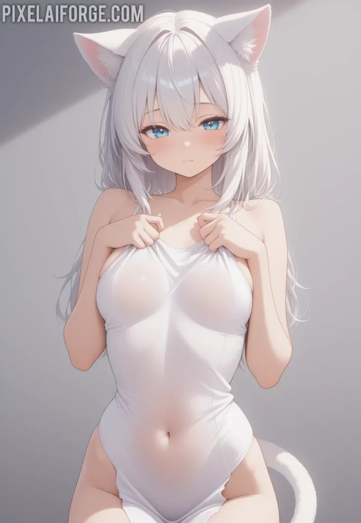 Chica de anime generada por IA con cabello plateado y orejas de lobo blanco en estilo fantasy