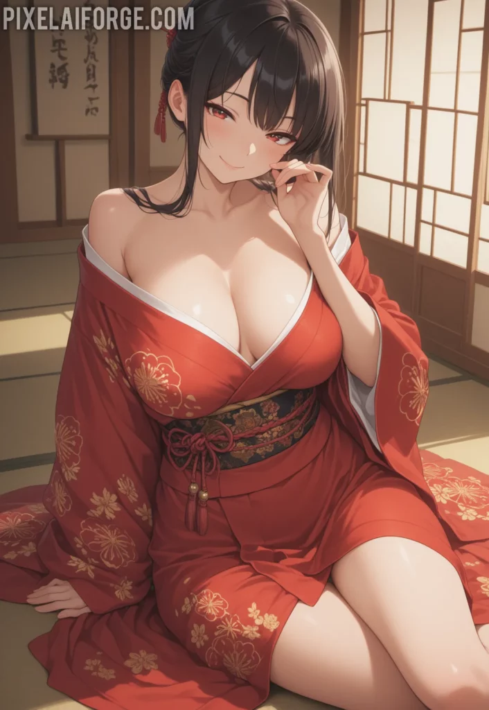 Chica de anime generada por IA con cabello plateado y quimono en estilo fantasy