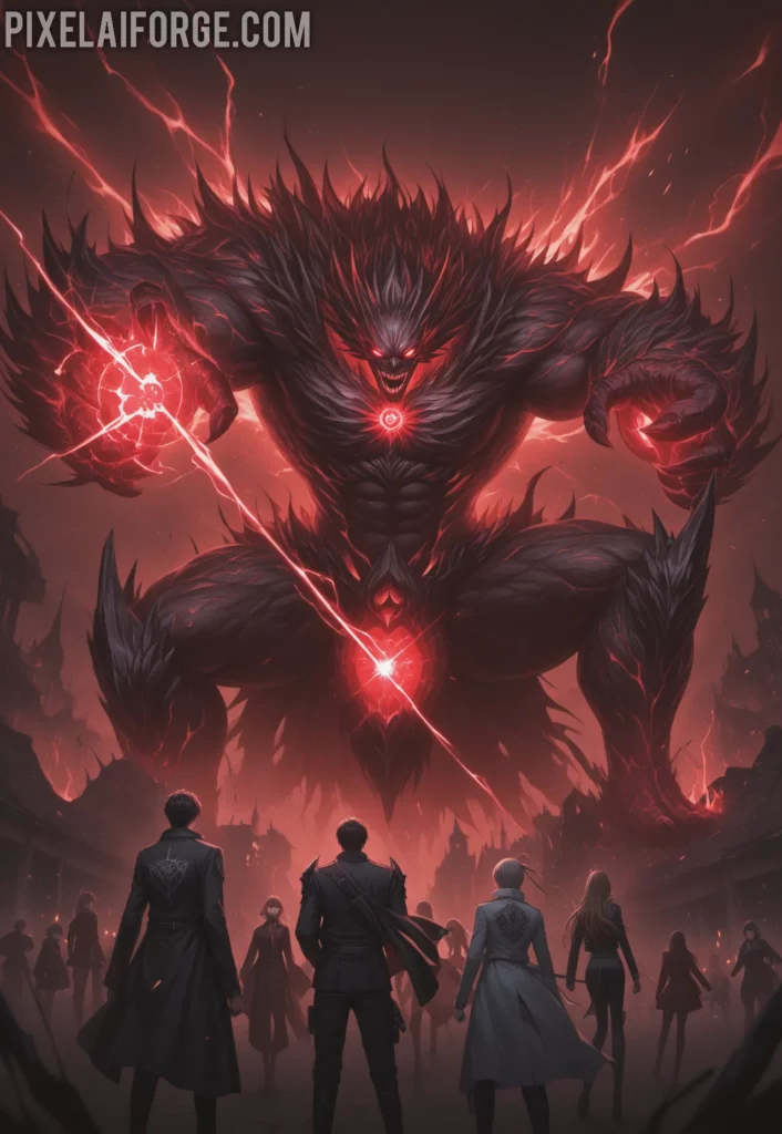 Historia y Legado de Jujutsu Kaisen: A group of teenage exorcists fight dark curses in a supernatural Tokyo, with glowing energy and deformed monsters surrounding them