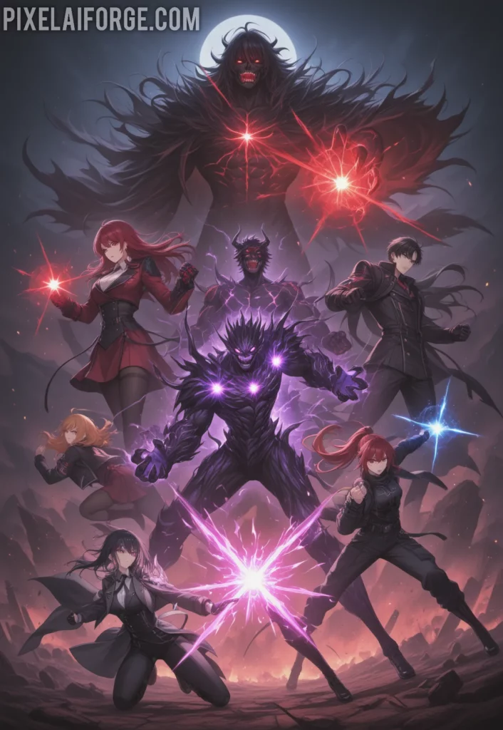 Historia y Legado de Jujutsu Kaisen: A group of teenage exorcists fight dark curses in a supernatural Tokyo, with glowing energy and deformed monsters surrounding them