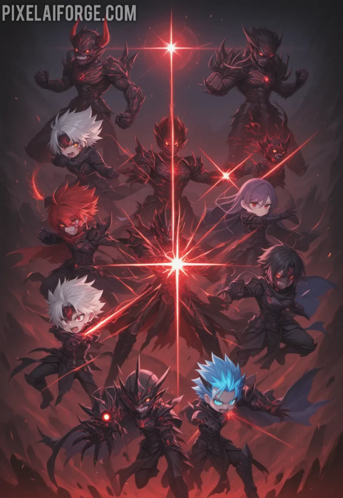 Historia y Legado de Jujutsu Kaisen: A group of teenage exorcists fight dark curses in a supernatural Tokyo, with glowing energy and deformed monsters surrounding them
