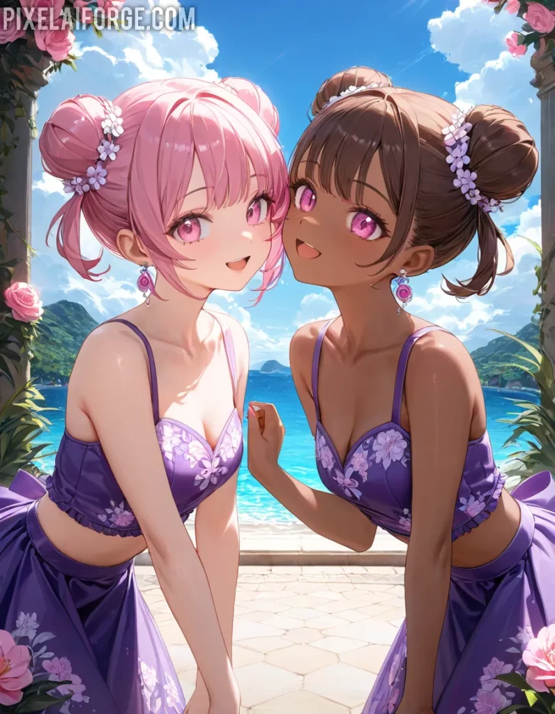 Amistad anime en la playa belleza, sol y diversión bajo el cielo azul