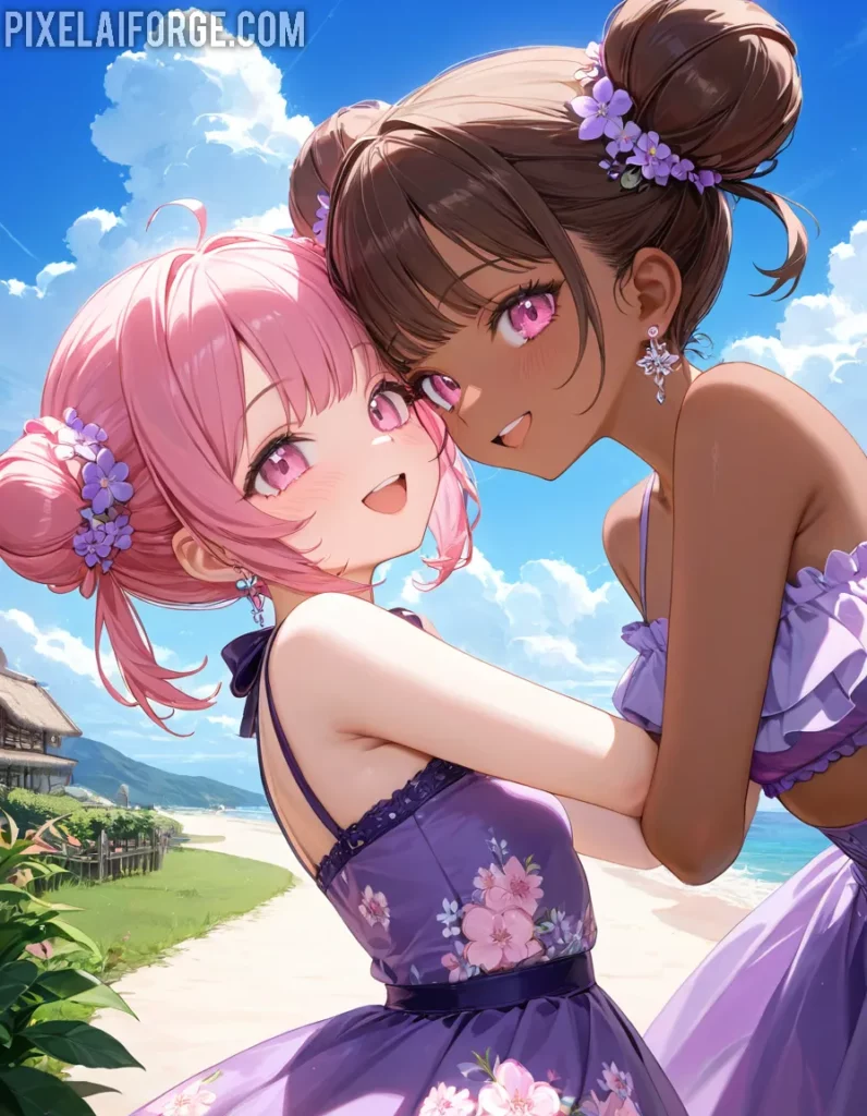 Amistad anime en la playa belleza, sol y diversión bajo el cielo azul