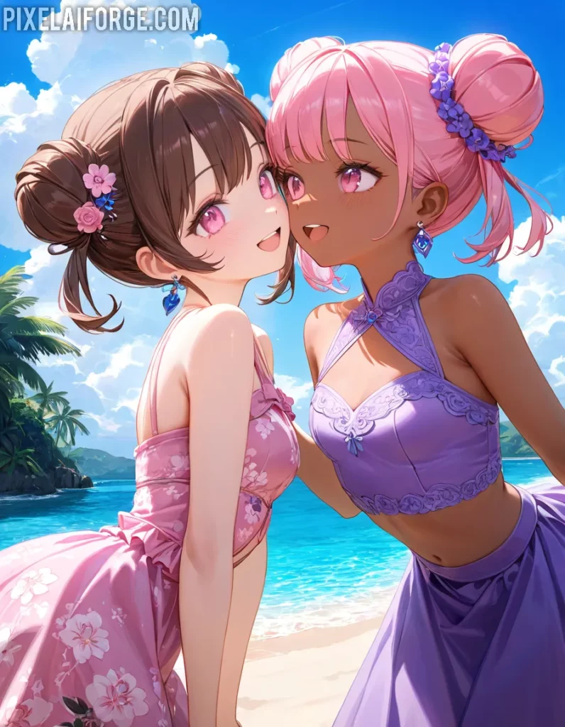 Amistad anime en la playa belleza, sol y diversión bajo el cielo azul