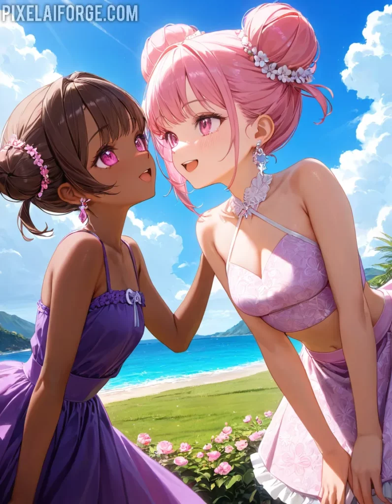 Amistad anime en la playa belleza, sol y diversión bajo el cielo azul