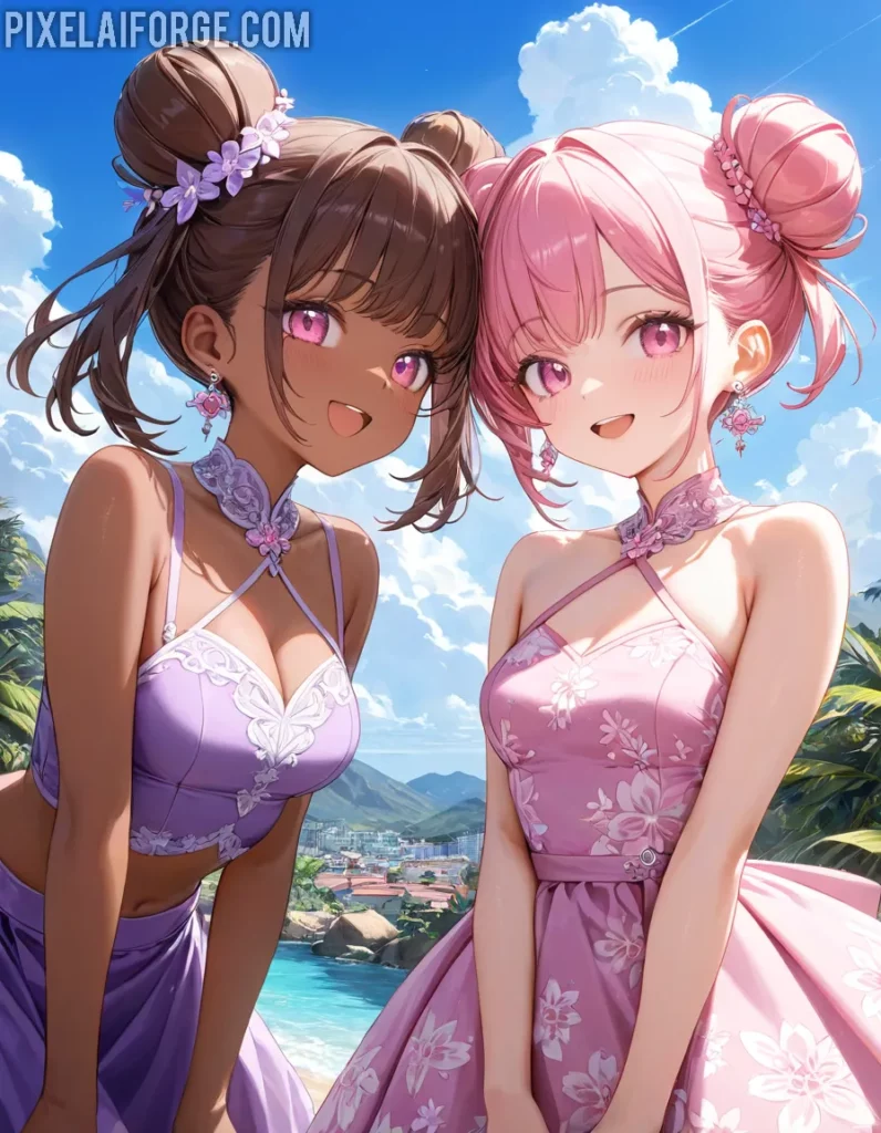 Amistad anime en la playa belleza, sol y diversión bajo el cielo azul
