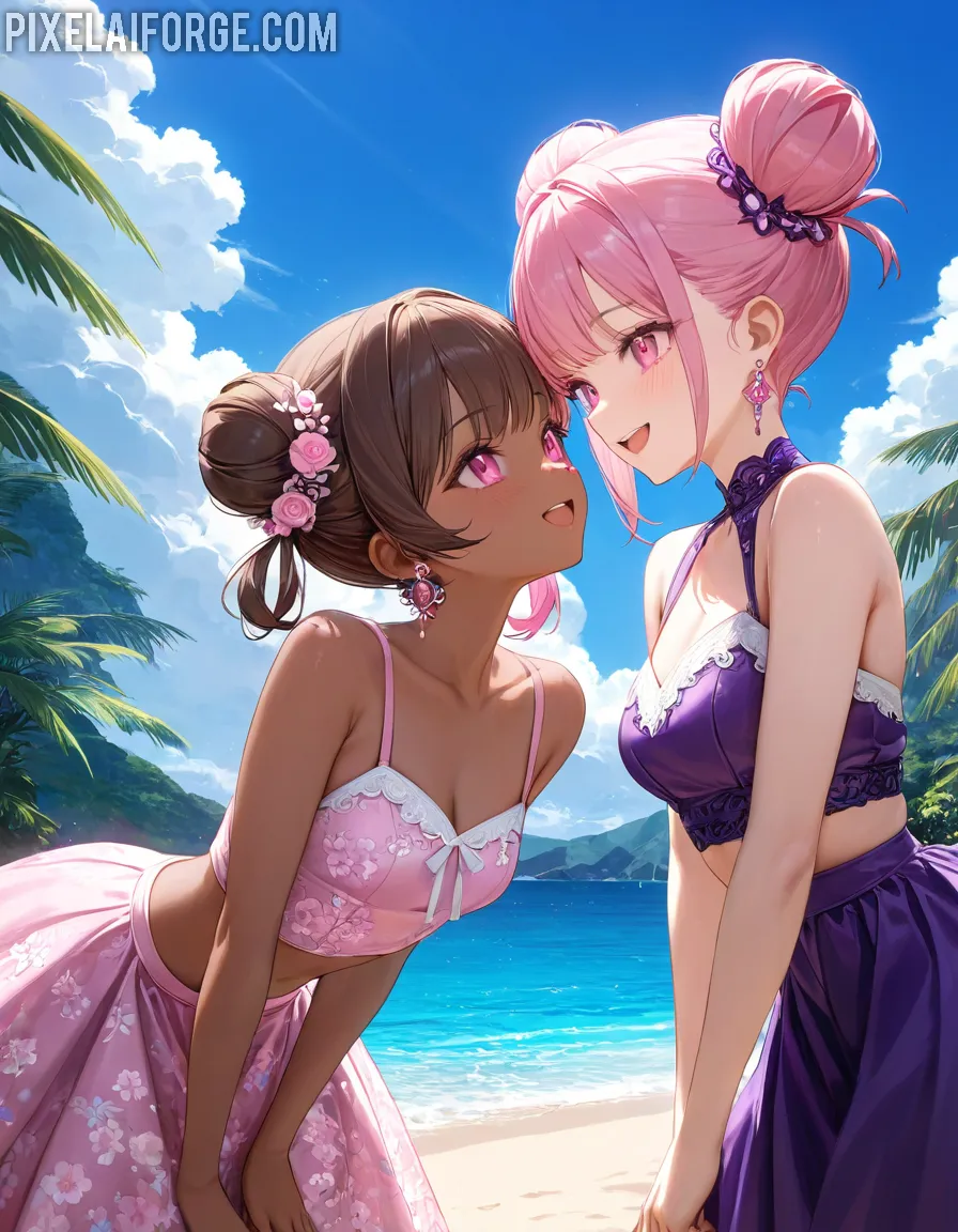 Amistad anime en la playa belleza, sol y diversión bajo el cielo azul