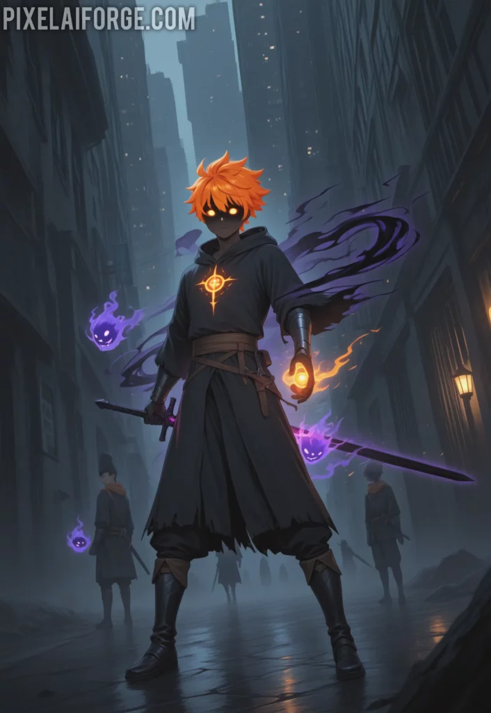 An orange-haired young man with a large black sword, facing dark spirits (hollows) in a deserted modern city, with spirit gates glowing behind