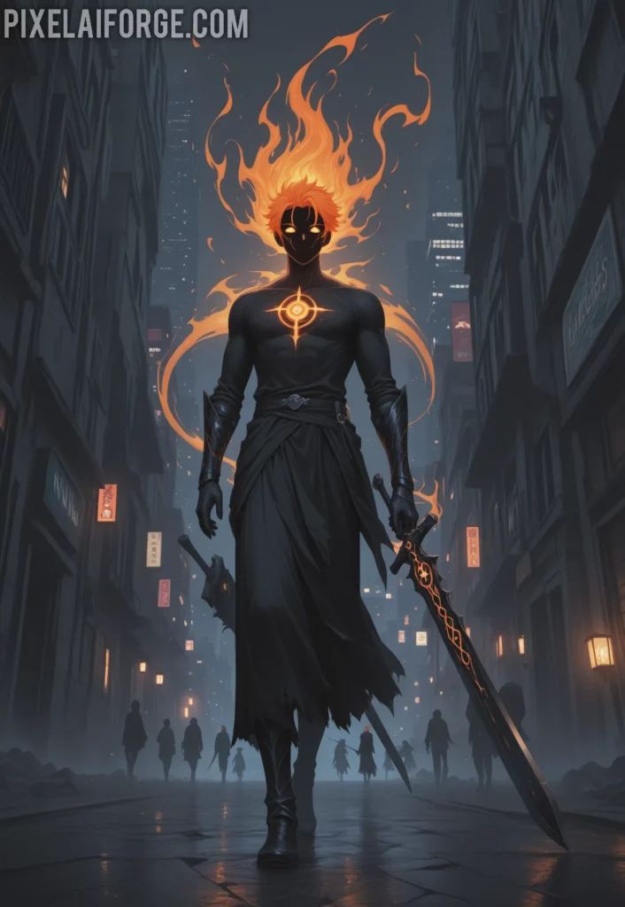 An orange-haired young man with a large black sword, facing dark spirits (hollows) in a deserted modern city, with spirit gates glowing behind
