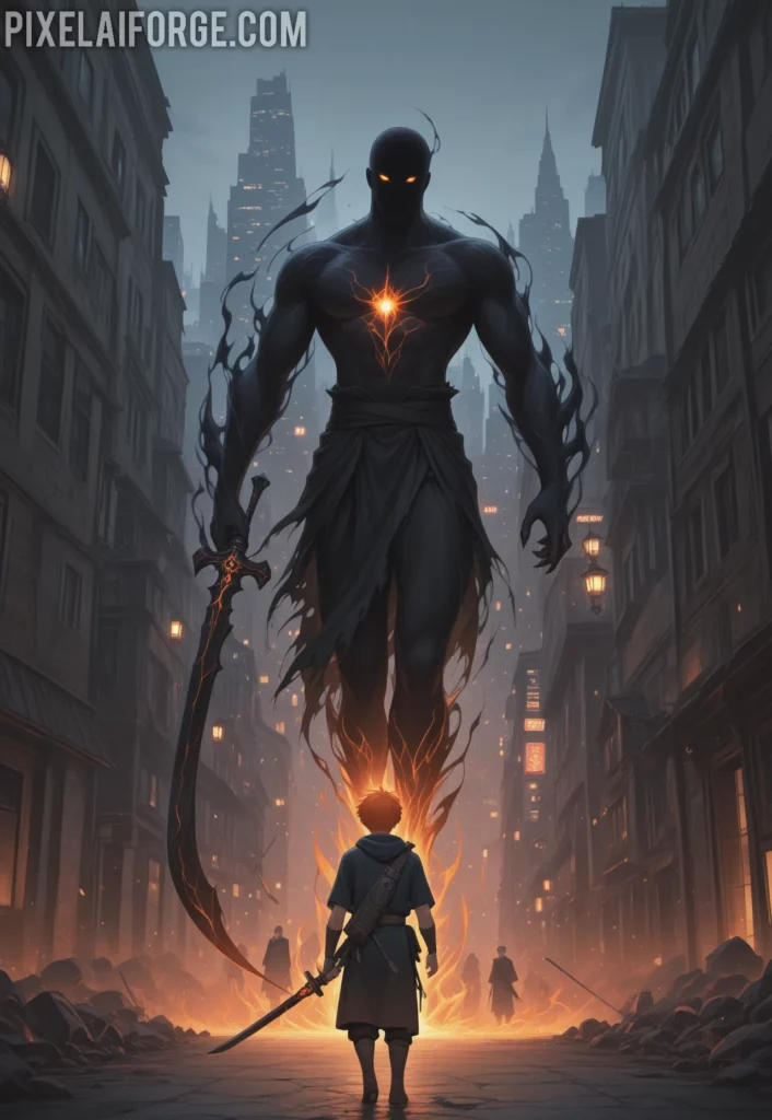 An orange-haired young man with a large black sword, facing dark spirits (hollows) in a deserted modern city, with spirit gates glowing behind