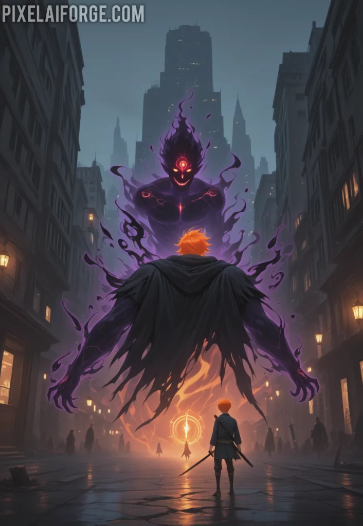 An orange-haired young man with a large black sword, facing dark spirits (hollows) in a deserted modern city, with spirit gates glowing behind