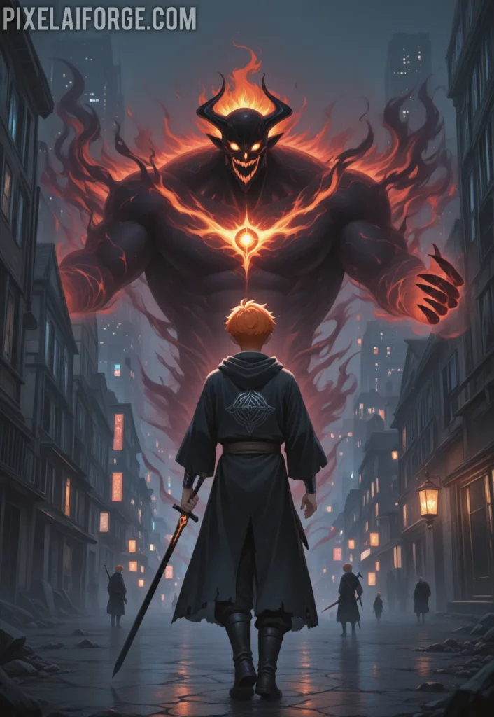 An orange-haired young man with a large black sword, facing dark spirits (hollows) in a deserted modern city, with spirit gates glowing behind