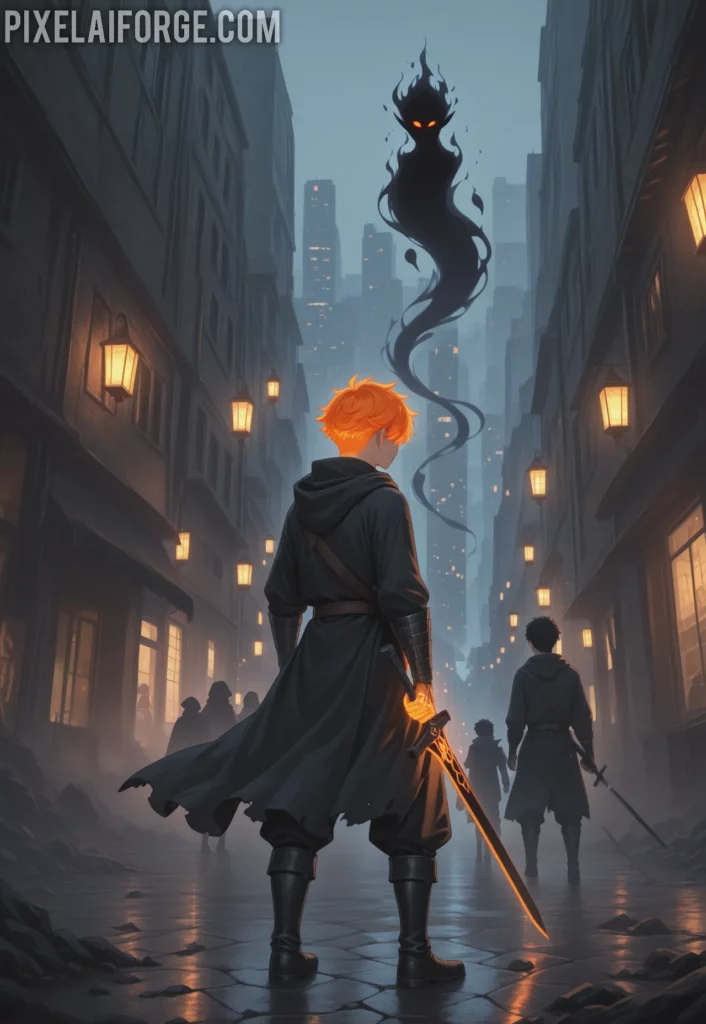 An orange-haired young man with a large black sword, facing dark spirits (hollows) in a deserted modern city, with spirit gates glowing behind