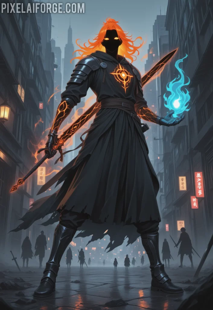 An orange-haired young man with a large black sword, facing dark spirits (hollows) in a deserted modern city, with spirit gates glowing behind