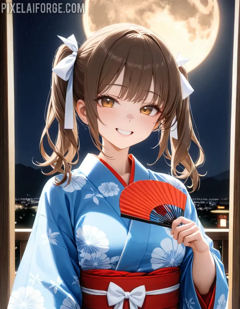 Anime Girl in Kimono Under the Moonlight