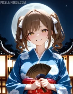 Anime Girl in Kimono Under the Moonlight