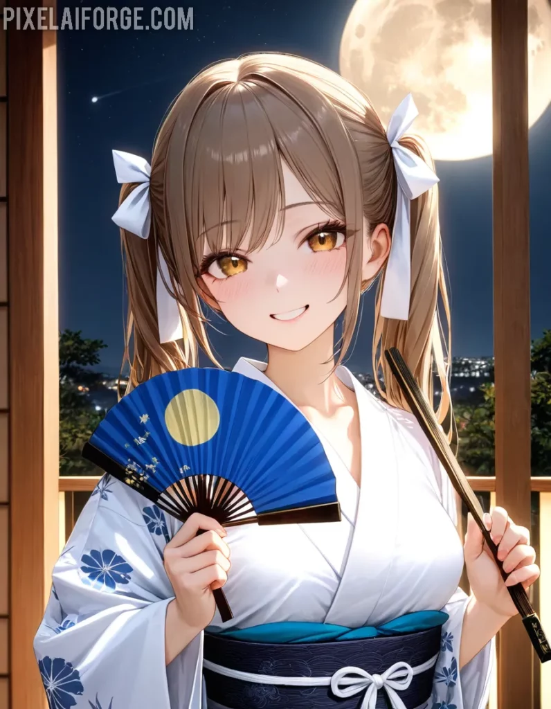 Anime Girl in Kimono Under the Moonlight