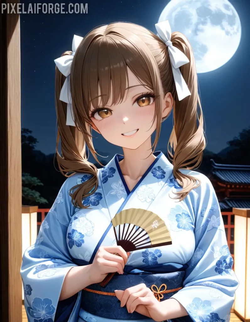 Anime Girl in Kimono Under the Moonlight
