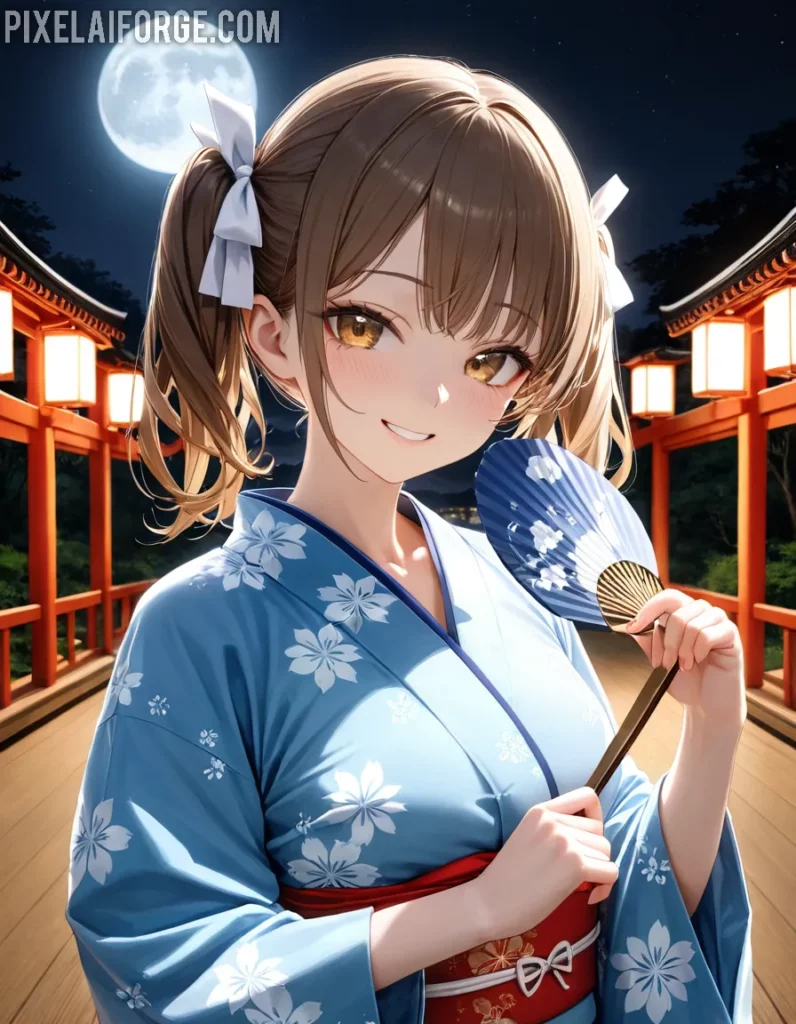 Anime Girl in Kimono Under the Moonlight