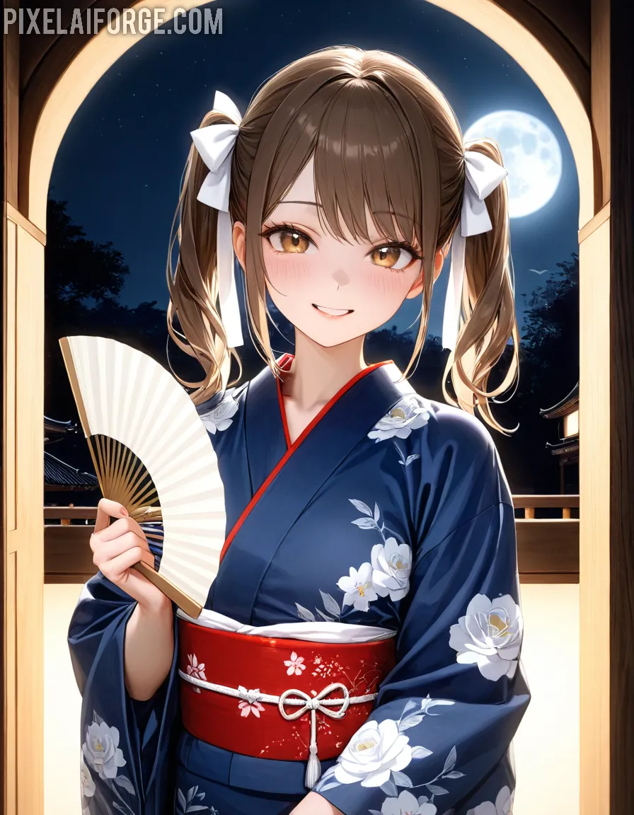 Anime Girl in Kimono Under the Moonlight