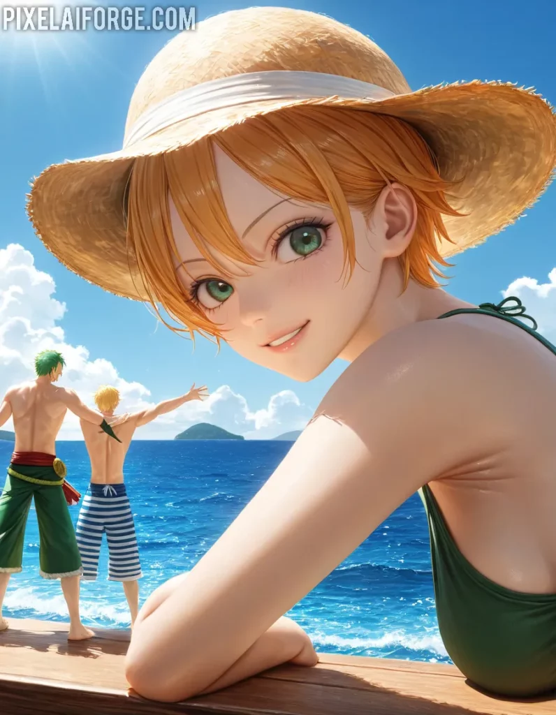 Arte Anime de Luffy con Tripulación Creado con Fooocus AI