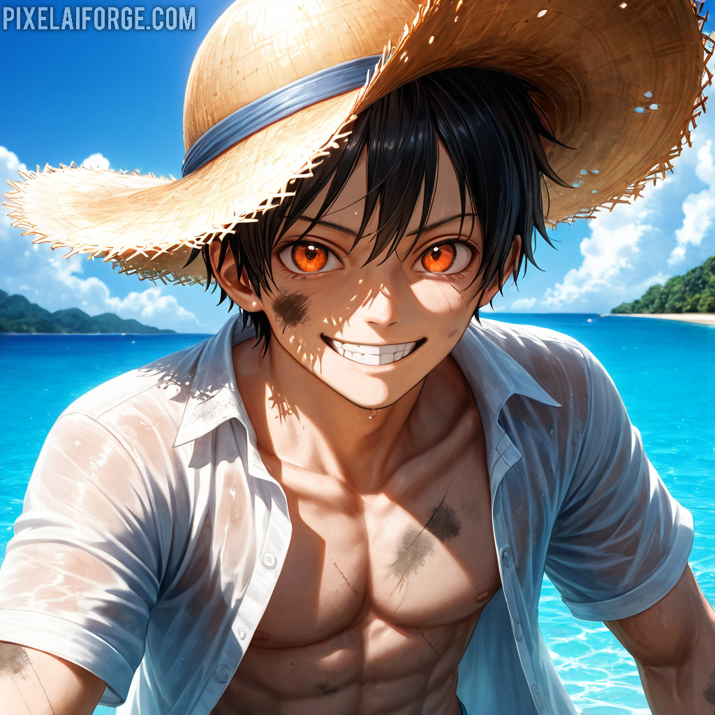 Arte Anime de Luffy en Acción Creado con Fooocus AI