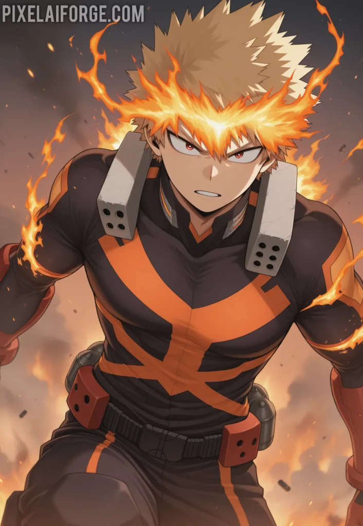 Imagen anime generada por IA de Bakugo en Combate Explosiones y Determinación en UA
