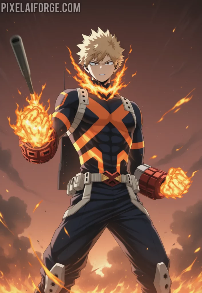 Imagen anime generada por IA de Bakugo en Combate Explosiones y Determinación en UA