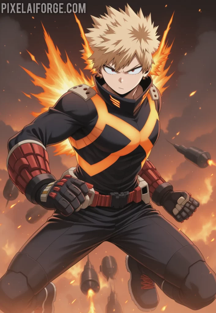 Imagen anime generada por IA de Bakugo en Combate Explosiones y Determinación en UA