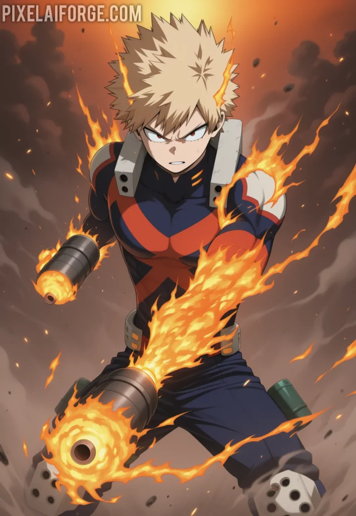 Imagen anime generada por IA de Bakugo en Combate Explosiones y Determinación en UA
