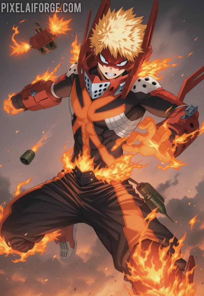 Imagen anime generada por IA de Bakugo en Combate Explosiones y Determinación en UA