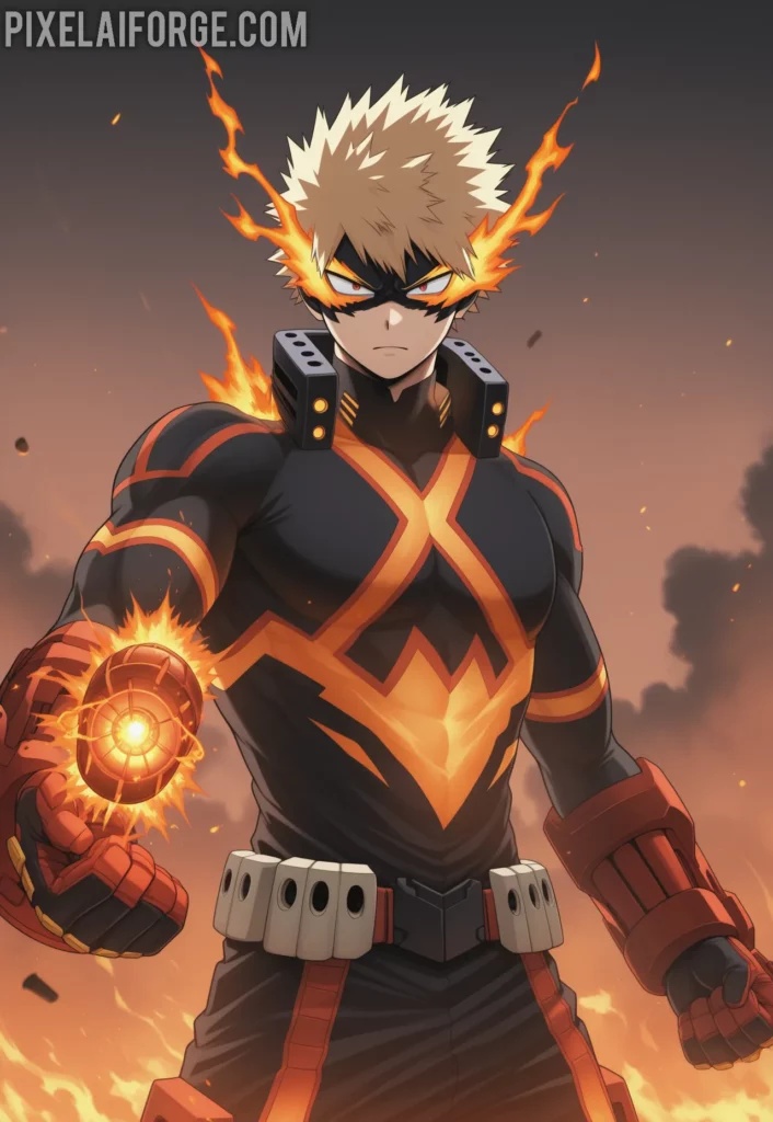 Imagen anime generada por IA de Bakugo en Combate Explosiones y Determinación en UA