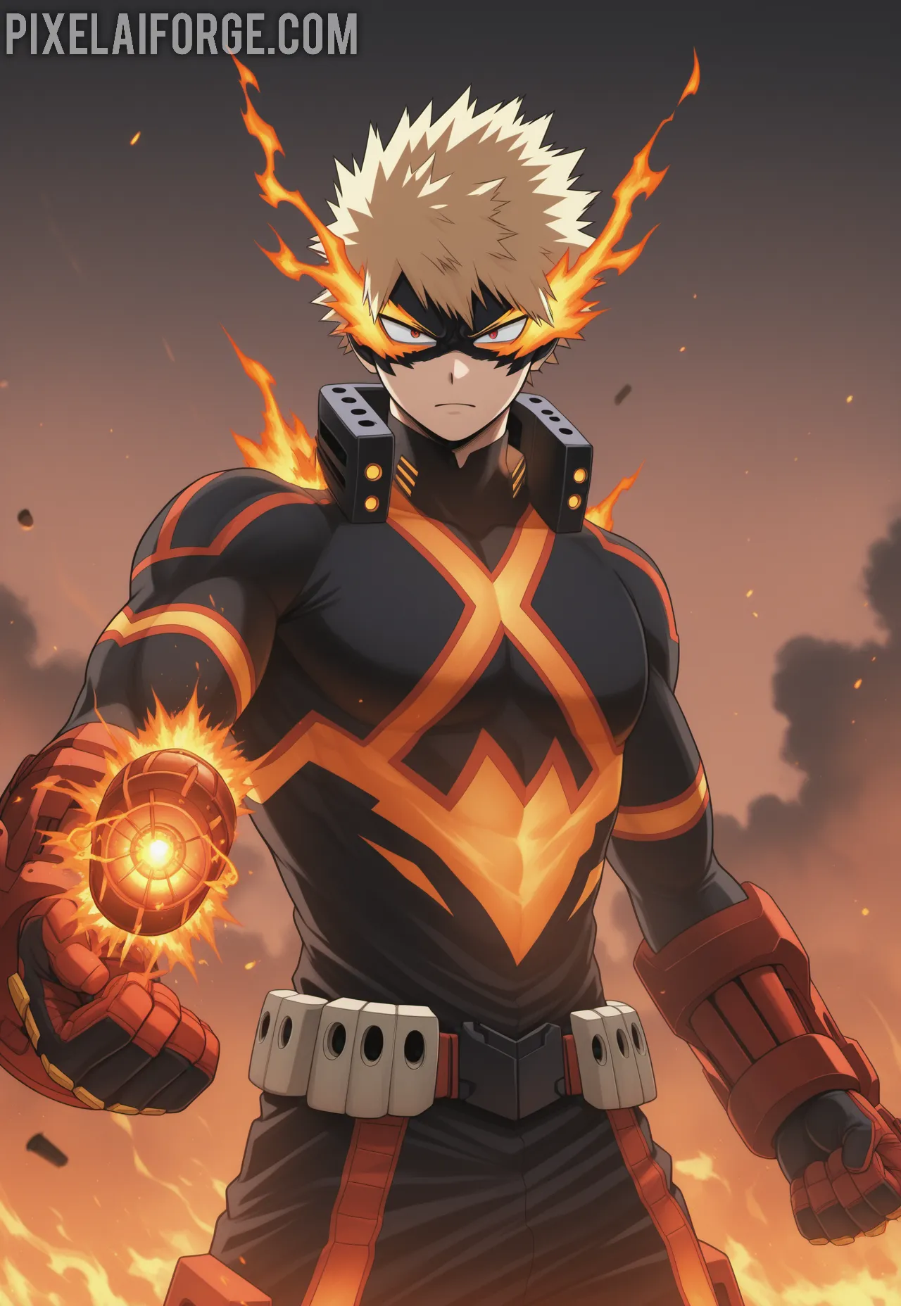 Imagen anime generada por IA de Bakugo en Combate Explosiones y Determinación en UA