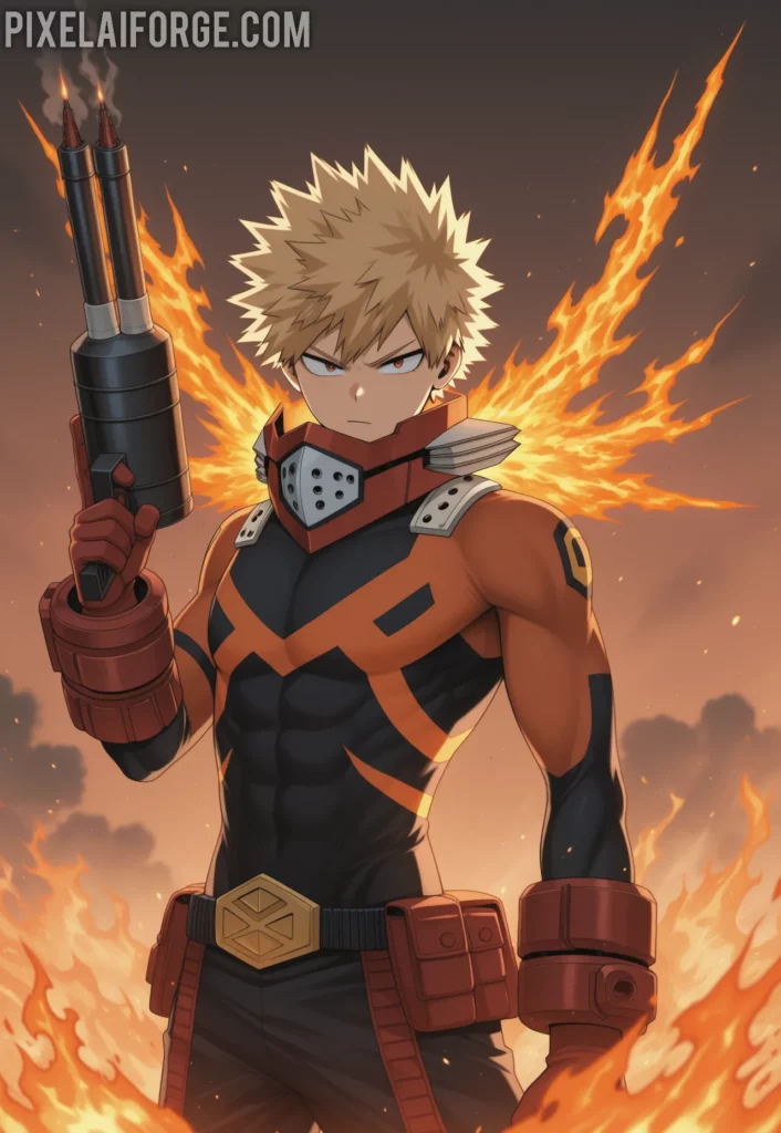 Imagen anime generada por IA de Bakugo en Combate Explosiones y Determinación en UA