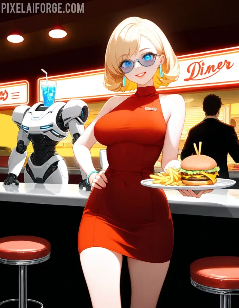 Camarera de Anime en Diner Retro con Robot - Arte Digital