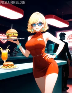 Camarera de Anime en Diner Retro con Robot - Arte Digital