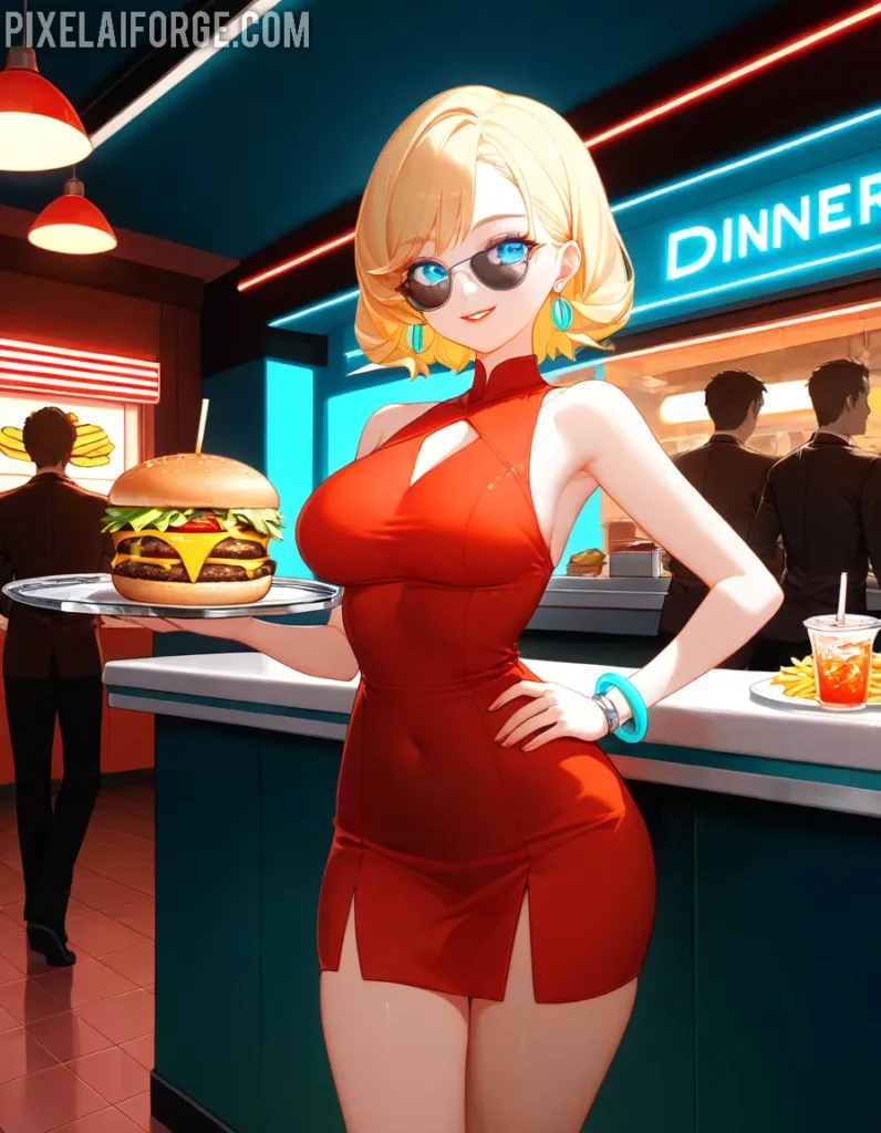 Camarera de Anime en Diner Retro con Robot - Arte Digital